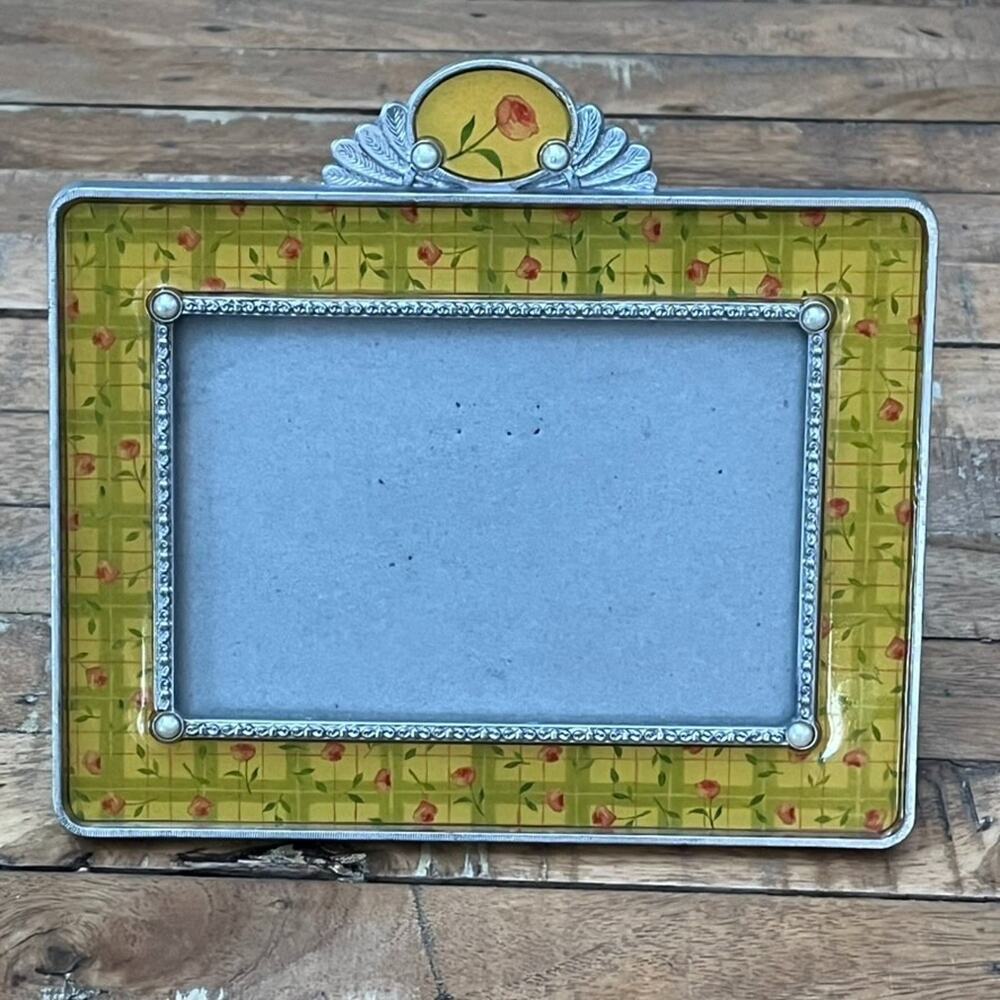 Vintage Thompson Photo Frame 4x6 Yellow Enamel Pewter Roses Design Your Memories